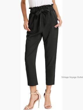 Paper Bag Waist Trousers, Elastic High Waist with Bow Tie, Office Casual Pants